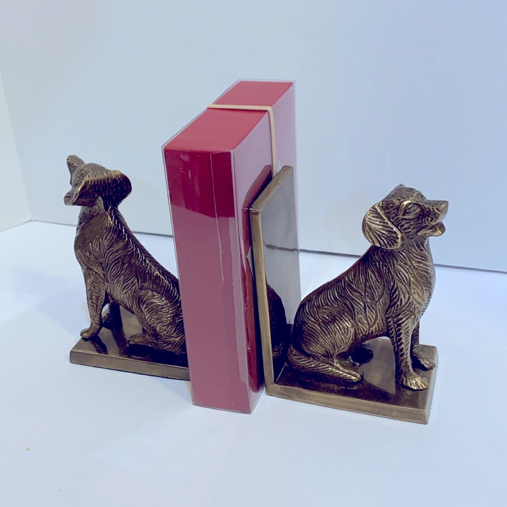 Brass book ends dogs etched vintage
